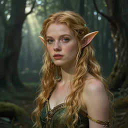 portrait of claire boucher as an elf, fantasy rpg, dark woods in the background, light rays peaking through the tree, 8 k, art by thomas kinkade, very detailed, photo realism