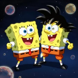 spongebob fighting goku in space, digital art