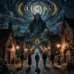 cthulhu visits a lovecraftian town. lovecraft. cthulhu. lovecraftian city at night by cyril rolando and naomi okubo and dan mumford and ricardo bofill. lovecraftian cthulhu. cobbled streets. lovecraftian landscape. swirly night sky.