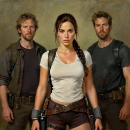 film still of aubrey plaza as lara croft, an oil painting by ross tran and thomas kincade