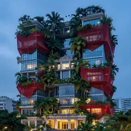 multistory building, full of tropical plants overgrowing, glass openings, red parametric mesh and fabric in the facede, housing architecture, classical architecture, brutalist architecture, blue hour, trending on artstation, after rain, cinematic, intricate, by greg rutkowski, award winning