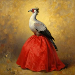 a secretary bird wearing a red ballgown, impressionist painting, detailed, rule of thirds, golden lighting