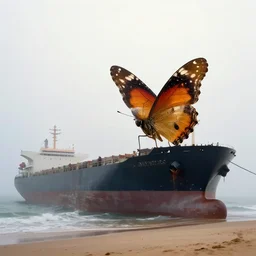 in the misty morning, a giant butterfly perches on a huge freighter stranded on the sand, by craig mullins