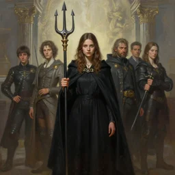 perfectly - centered - portrait of a girl wearing black cloak holding trident, intricate, epic scale, rule of third, highly detailed, digital painting, artstation, concept art, sharp focus, illustration, oil painting, unreal engine 5, 8 k, art by artgerm and james jean and sam spratt and greg rutkowski and dave rapoza