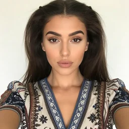 selfie of olive skinned female in her twenties wearing designer clothes, highly symmetrical, natural beauty, proportional