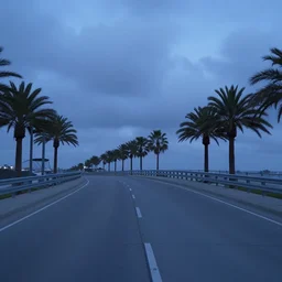blue hour, mostly cloudy sky, palm trees, bridge, curved bridge, dusk, 2 4 0 p footage, 2 0 0 6 youtube video