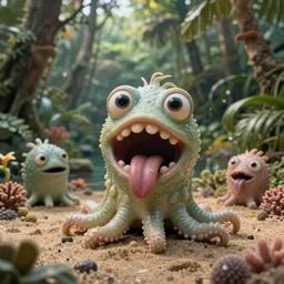 of a tropical rainforest lake with strange cute friendly happy creatures with huge eyes, mouth, long tongue, round teeth and tentacles appearing from sandy coral, in the style of gehry and gaudi, macro lens, shallow depth of field, ultra detailed, digital painting, trending artstation, concept art, illustration, cinematic lighting, photorealism, epic, octane render