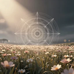 minimalist world, low polygon, sacred geometry, line work, flowers, field of dreams, unreal engine, dreamy, bokeh