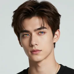 photo realistic render of the most handsome young man in the world, he is seductive, beautiful, perfect and has multicoloured eyes that shine