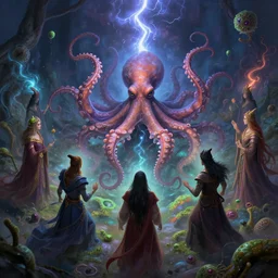 mages in circle summoning an evil octopus beast. lighting, flux, bacteria, swirl. fantasy, digital painting, hd, highly detailed.