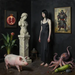realistic painting of a burnt female artist's apartment, black dripping walls, tall emo girl, stone sculpture, a pig, a samurai painting on black walls, pomegranate, bromeliads, tusks, octopus, a courgette, berries, zen, sensual, surrealist painting by magritte and rousseau and dali