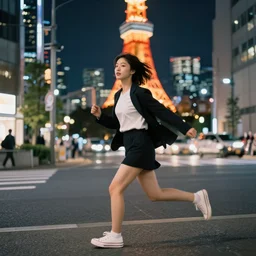 photography portrait of a drunk girl running in tokyo at night in the style of daido moriyama, street photography, 1 4 mm lens, grainy wb image