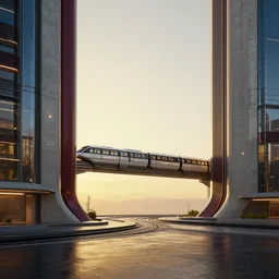 futuristic city center with maglev train in background, modern landscape architectural design for industrialpunk concrete and glass, maroon and blue metallic accents, gorgeous lighting, golden hour, cyberpunk, 2077, dramatic lighting and composition, photography, 8k, origin 100i, star citizen concept art, single line, golden ratio, minimalistic composition, side profile