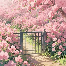 a square gate in endless light pink flowers field, perspective, dappled light, looking up, studio ghibli, peter mohrbacher style, rendered in houdini. vfx, particles, magic, unreal hd artstation trending 8 k, epic composition