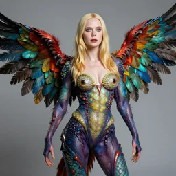 a portrait photograph of a bald elle fanning as a colorful harpy super hero with slimy reptile skin. she is trying on a amphibian organic catsuit and transforming into a feathered beast. by tom bagshaw, donato giancola, hans holbein, walton ford, gaston bussiere, peter mohrbacher and brian froud. 8 k, cgsociety