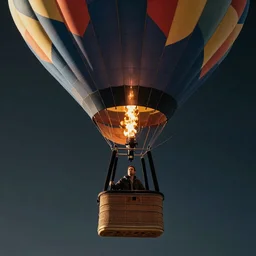 single man flying in hot air balloon in the space, dark background, hyper realistic