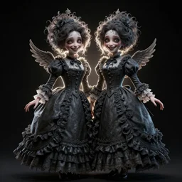 creepy smiling twins in victorian clothes, black background, backlit:: by Martine Johanna and Simon Stålenhag and Chie Yoshii and Casey Weldon and Guillermo del toro :: ornate, dynamic, particulate, intricate, elegant, highly detailed, centered, artstation, smooth, sharp focus, octane render, 3d