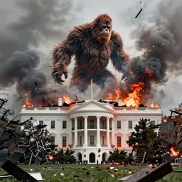 giant bigfoot destroying washington dc, debris and fire, collapses building, burning white house, ashes, smoke columns, apocalypse, hyperdetailed, artstation, cgsociety, 8 k