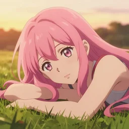 anime art, anime key visual of elegant young female, long pink hair and large eyes, finely detailed perfect face, laying down in the grass at sunset, golden hour sunset lighting, background blur bokeh!!, trending on pixiv fanbox, studio ghibli, extremely high quality artwork
