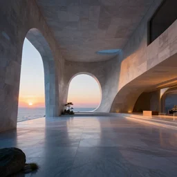 futuristic masonry hall, crisp, artstation, luxury, beautiful, dim painterly lighting aquatic, 3 d concept art, sunset