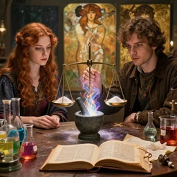 hyper real, table, wizards laboratory, lisa parker, tony sart, mortar, pestle, scales with magic powder, energy flowing, magic book, beakers of colored liquid, alphonse mucha