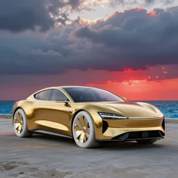 futuristic golden luxury car from the year 2052, white tires with intricate rims, professional studio photography, dramatic lighting, clouds, colorful red sunset, on the beach, blue water