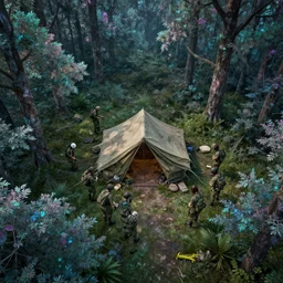 group of female soldiers, searching through iridescent woods, makeshift camp, aerial photography, eerie, beautiful, stunning, intricate detail, cinematic, unreal engine, concept art, photorealism