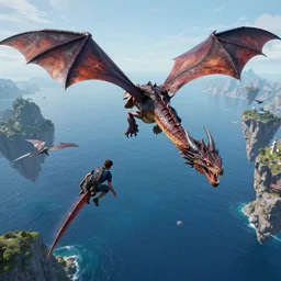 Wyverns flying over a big blue sea surrounded by floating mountains, Darek Zabrocki, Karlkka, Jayison Devadas, Phuoc Quan, trending on Artstation, 8K, ultra wide angle, pincushion lens effect
