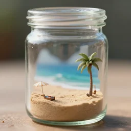 a tiny realistic proportioned beach contained inside a glass jar. sharp focus, photography, unreal engine, trending on artstation, photorealistic, octane, trending on deviantart, unreal engine