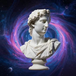 3 d sci - fi cgartist rendering of a hyper realistic marble greek statuary bust floating in space, at the vast pulsating interdimensional fractal space portal at the psychedelic vaporwave event horizon by chris moore, by edward hopper, by col price, trending on artstation