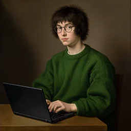 portrait of a shaggy black haired teenager with glasses dark green sweater with a black laptop computer, full body, Renaissance painting, ultra detailed, high resolution, masterpiece