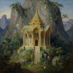 A beautiful and highly detailed oil painting of beautiful elven temple in the mountains, detailed plants, trees and cliffs, intricate details, 8k, by Caspar Friedrich