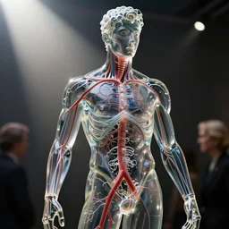 a statue of a beautiful young fit man made of transparent glass, showing a complex detailed blood system inside, by philippe starck and victoria hagan, cinematic lighting, sunrays, detailed digital photography by rutkovski and beksinski, masterpiece, gorgeous, 4 k