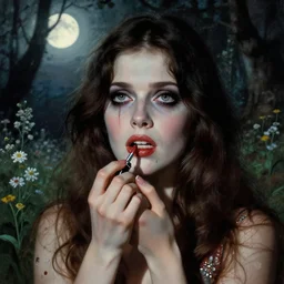 a beautiful but sinister and creepy woman in layers of fear, with haunted eyes, violence in her eyes, putting on lipgloss, 1 9 7 0 s, seventies, delicate embellishments, a little blood, woodland, moonlight shining on wildflowers, painterly, offset printing technique, by alexandre cabanel