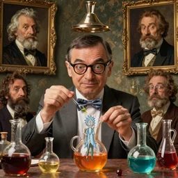 mr. bean mad scientist psychopath, conjuring up mysterious colorful potions, portrait by gaston bussierre and charles vess and james jean and erik jones and rhads, inspired by rick and morty, epic, funny, huge scale, beautiful fine face features, intricate high details, sharp, ultradetailed
