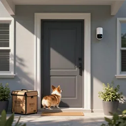 front door security camera footage of a corgi mistaken as a delivery package