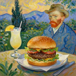 painting of home made hamburgers and pina coladas in a garden, mountains in background, golden hour, cinematic lighting, in the style of van gogh and claude monet