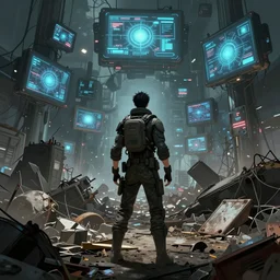 concept art of a humanoid standing in a junkyard, back - view, technology screens glowing, hyper maximalist, matte painting, ultra detail, concept art, hyper realistic, cgsociety, hyper maximalist, artstation, cgsociety, style by jon foster and feng zhu and tyler edlin, octane render, anime style