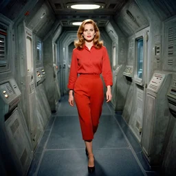 focus on Amy Adams walking through eerie space ship hallways, 1960s Technicolor, Ludek Pesek, colorful accents, Rick Guidice, Chesley Bonestell, Lucien Rudaux, Rolf Klep, Fred Freeman, George Pal