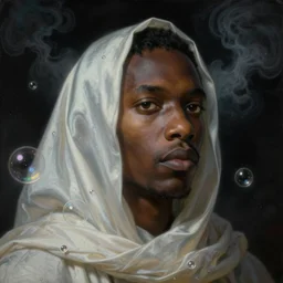 a neoclassicist close - up portrait of a black man gazing across intensely cloaked in silk with glowing bubbles and iridescent and reflective alien technology. foggy black background with dark puffy glowing clouds. highly detailed science fiction painting by norman rockwell, frank frazetta, syd mead and moebius. rich colors, high contrast, gloomy atmosphere, dark background. trending on artstation.