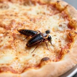 a close up shot of a new york style pizza with a big black cockroach, extremely realistic, very crisp details, photo realistic, trending on instagram, soft colors
