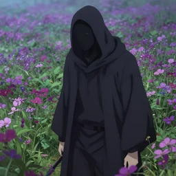 grim reaper with no facr in flower field, anime style, high detail, high resolution,