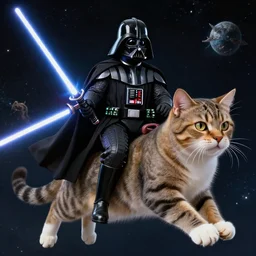 Darth Vader with lightsaber in hand, riding a giant tabby cat in space.