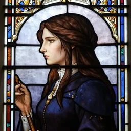 side - view portrait of yennefer of vengerberg, tenth century stained glass window, masterful