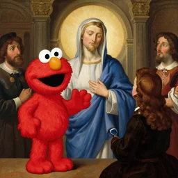 a religious illustration of Elmo from Sesame Street being worshipped as a god painted by Michelangelo and Rembrandt