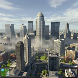 canary wharf, screenshot from simcity pc game, ue 4, raytracing, volumetric fog resolution, ambient occlusion, anisotropy, shadow resolution, texture quality high, chromatic abberation