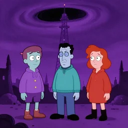 artgerm, norman rockwell, abigail larson, purple color pallete, welcome to night vale, radio tower with black hole above it, spooky strange weird quirky, cartoon, 2 d, chiral lighting