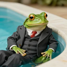 An old photo of a sophisticated frog in a nice suit, he is chilling in a pool