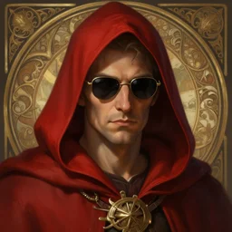 a mind - blowing portrait of a wizard wearing sunglasses, male, wearing a red hood, deep focus, d & d, fantasy, intricate, elegant, highly detailed, digital painting, artstation, concept art, matte, sharp, illustration, hearthstone, art by artgerm and greg rutkowski and alphonse mucha