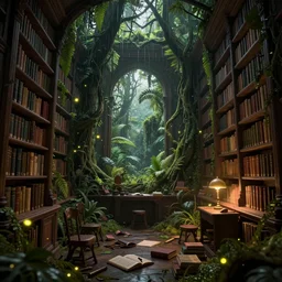 decaying interior of an ( ( old library ) ) with a rainforest growing inside, fireflies in the air, dawn scenery, highly detailed, intricate detail, realistic shaded lighting, beautiful 3 d rendering, octane render, hyperrealistic, trending on artstation, by greg rutkowski and simon stalenhag